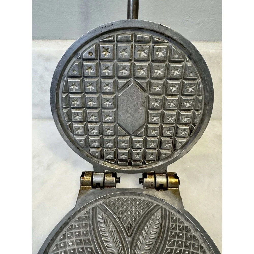 Vintage Cast Aluminum Cookie Press Mold Waffle with Iron and Wood Handle
